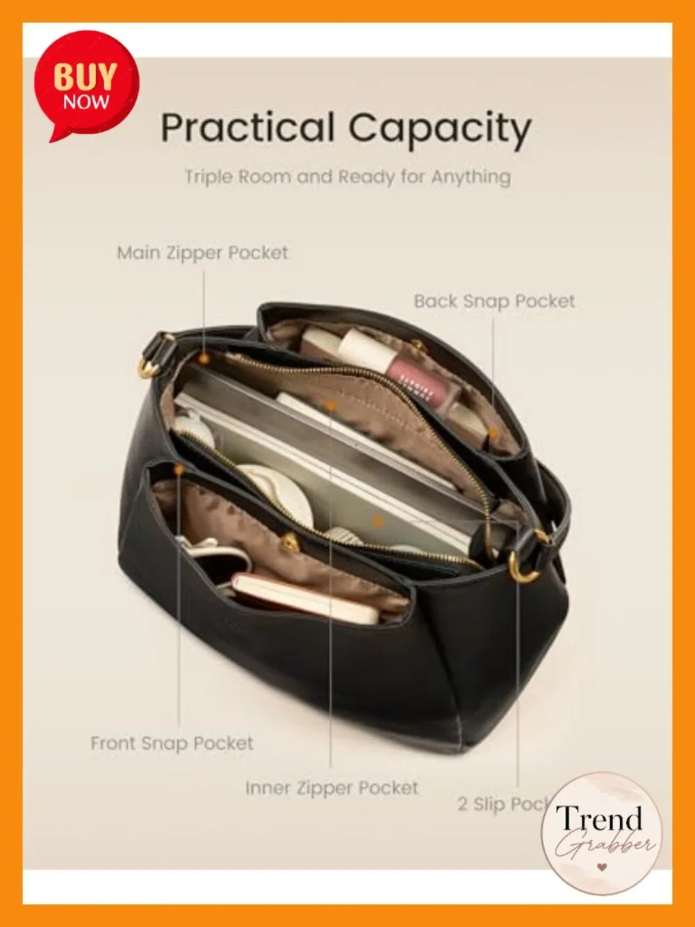 Hobo Bag with Three Compartments Waterproof Vegan Leather Shoulder Handbag Work